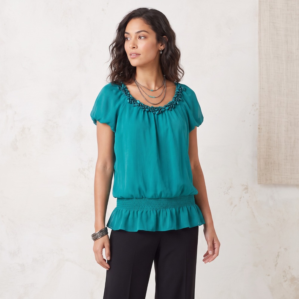 Alfani Y2K Teal Green Bubble Smocked Whimsigoth Mermaidcore Boho Top Size 14